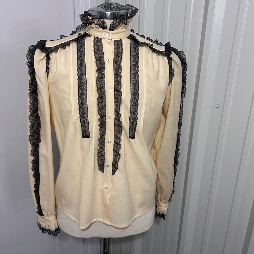 Escada Vintage West Germany Black Lace Trim Ruffle Victorian Blouse Cream L